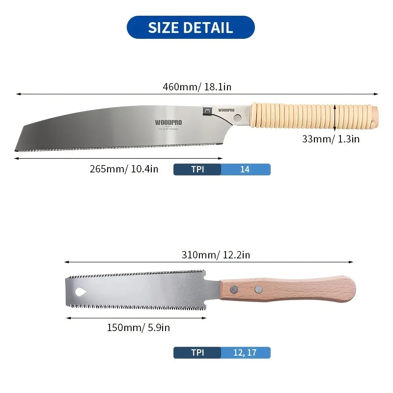 2pcs Japanese Pull Saw Set - Double-Side/Single Side Flush Cut Saw for Wood Cutting, Carpenters, Woodworkers