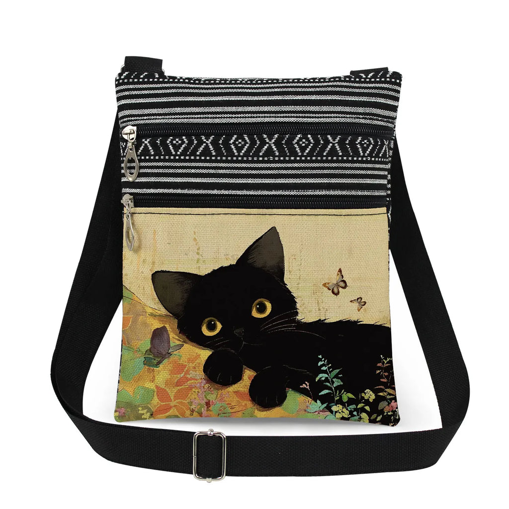 Cute Cartoon Black Cat Print Crossbody Bags Shoulder Bags For Women Daily Travel Portable Small Messenger Bags Catkeeper Gift