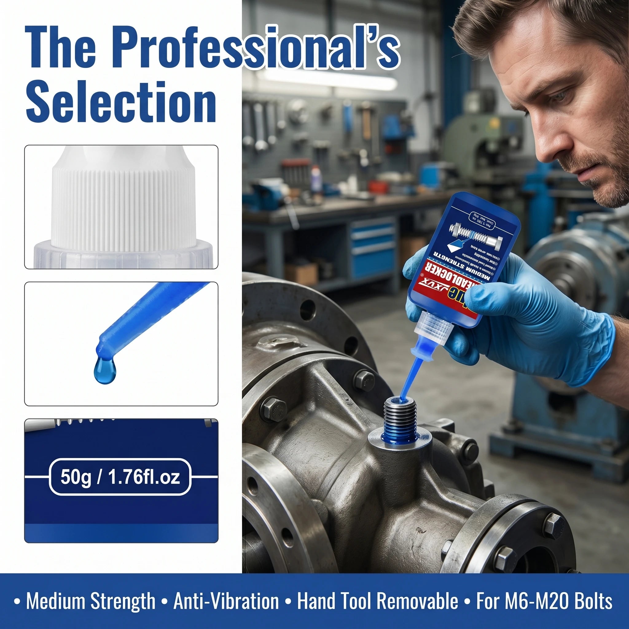 Blue Threadlocker, Medium Strength Threadlocker, Blue Anaerobic Adhesive for Fixing Screws and Nuts, Anti-Loosening, Anti-Corrosion, Oil Resistant, Anti-Loosening/Anti-Corrosion