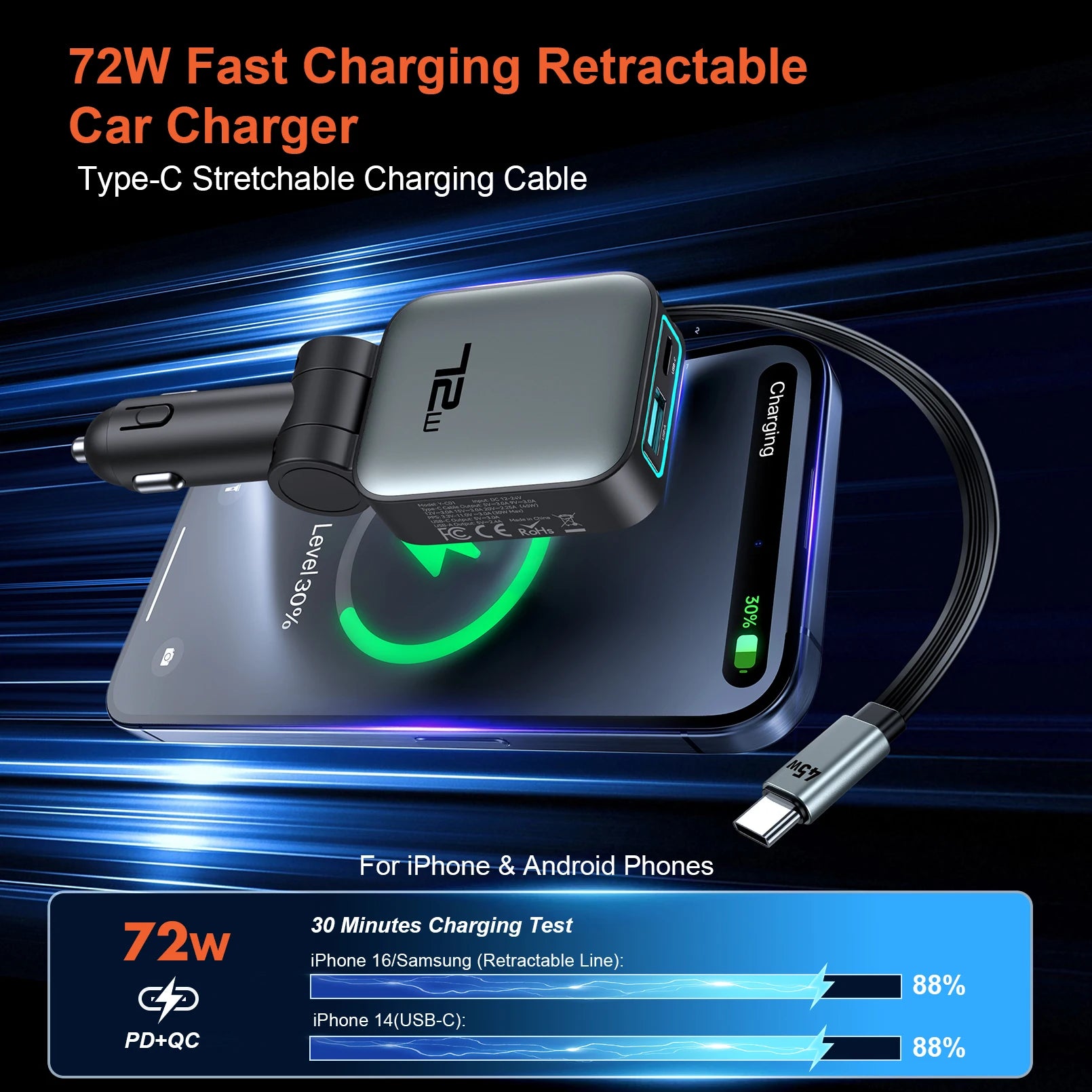 Car Charger Super Fast Charging One-to-Two Retractable Cable Car Cigarette Lighter Converter Compatible with Apple 17 and Huawei