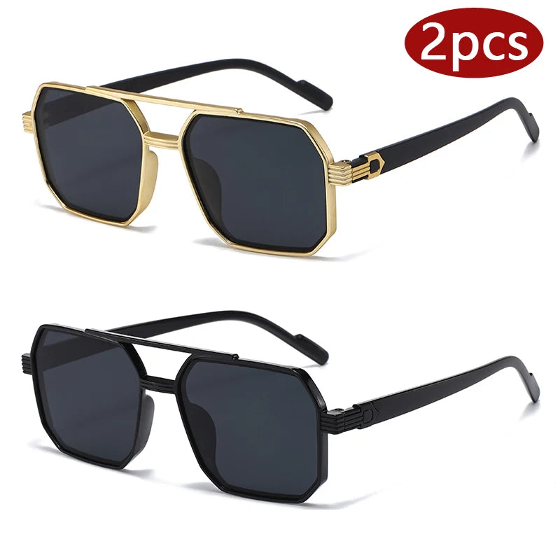 Hiking 2pcs Trendy Metal Polygonal Pilot Anti Light Glasses Luxury Double Beam Men Eyewear Outdoor Driving Shade Sunglasses