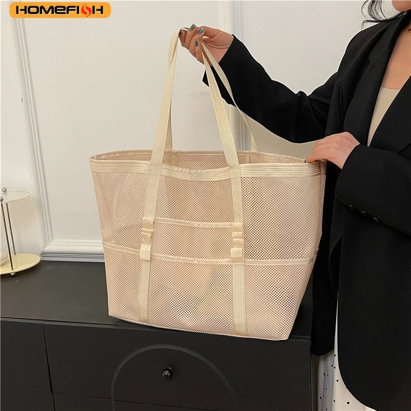 HOMEFISH Multipocket Summer Large Beach Bag For Towels Mesh Durable Beach Bag For Toys Waterproof Underwear Pocket Beach Tote