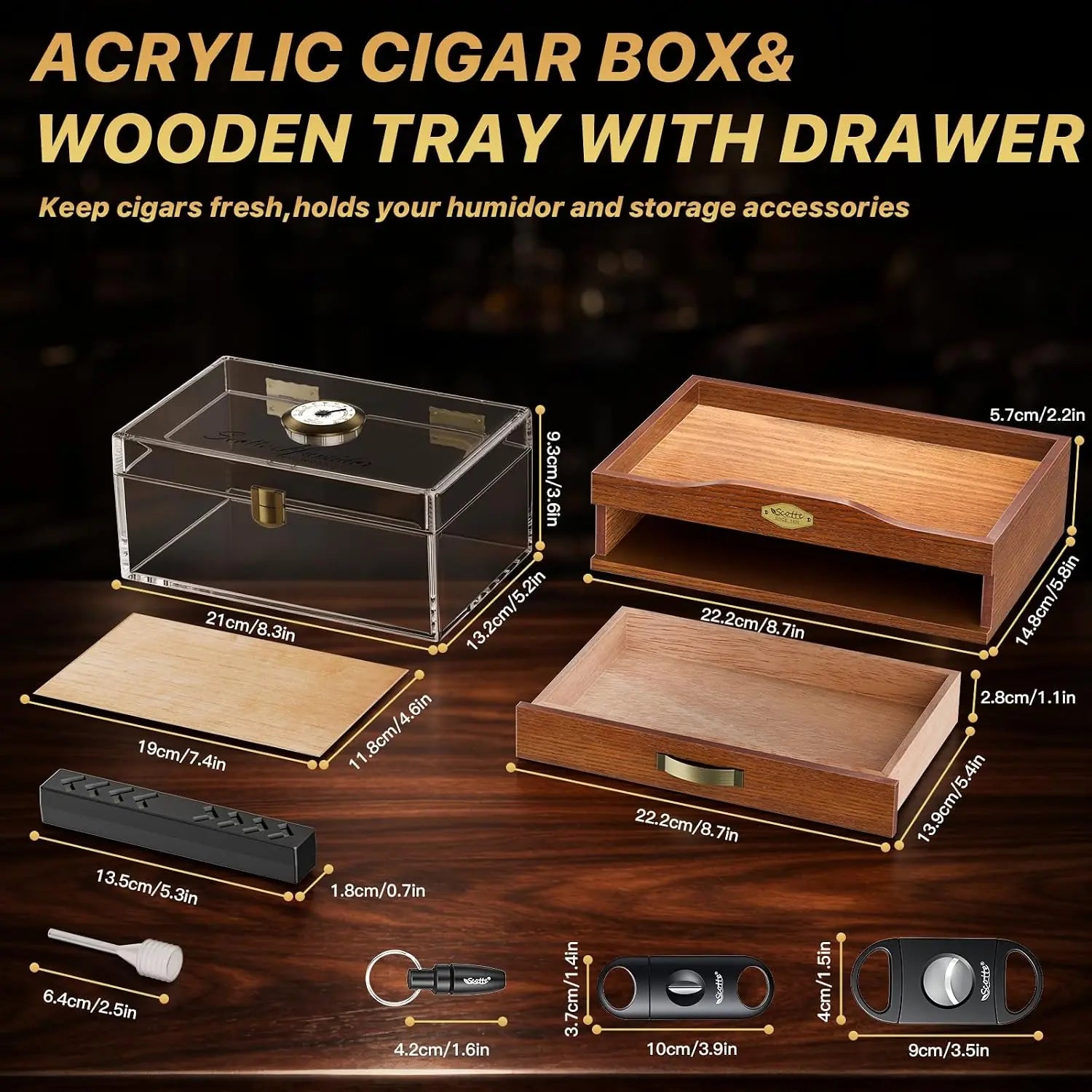 Acrylic Desktop Cigar Humidor with Hygrometer&Humidifier, Humidor Kit Include Cigar Cutter Cigar Punch Cedar Wood Piece