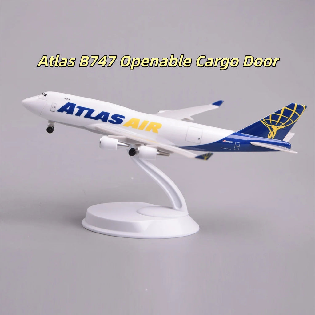 20CM Scale ABS Atlas Air Cargo B747 Airlines Openable Cargo Door Model Miniature Airplane Toy Model For Collections and Displays