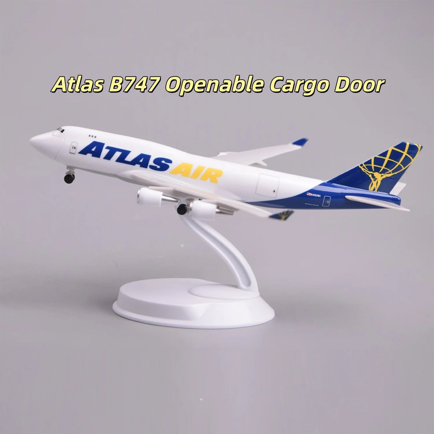 20CM Scale ABS Atlas Air Cargo B747 Airlines Openable Cargo Door Model Miniature Airplane Toy Model For Collections and Displays