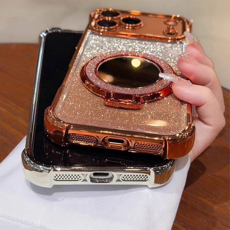 Glitter Shockproof Mirror Magnetic Bracket Case For iPhone 17 Air 16 15 14 Plus 13 12 11 Pro Max Plating For Magsafe Soft Cover