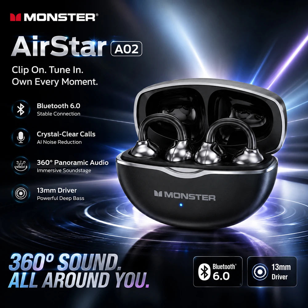 Monster Airstar A02 OWS Bluetooth 6.0 Ear Clip Headphones HiFi Stereo Sport Earbud Open Ear Air Conduction TWS Wireless Earphone
