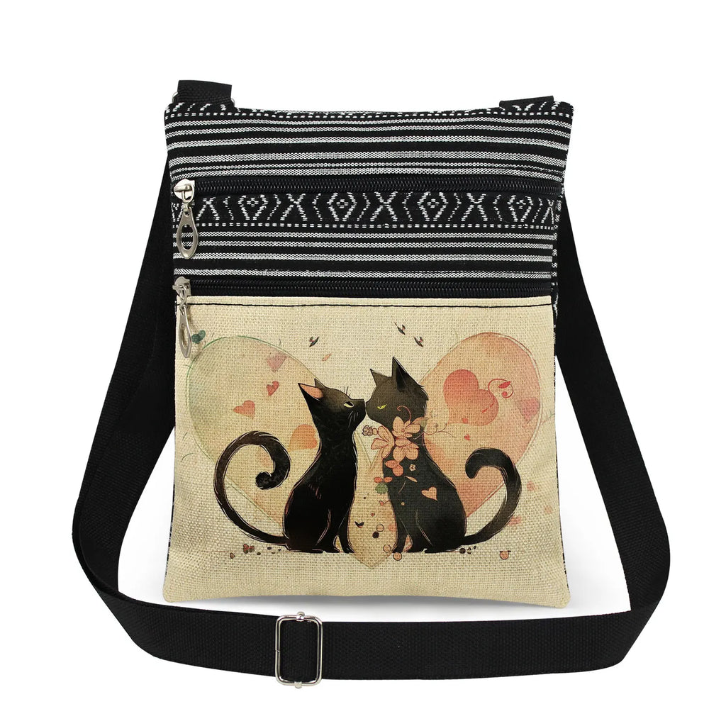 Cute Cartoon Black Cat Print Crossbody Bags Shoulder Bags For Women Daily Travel Portable Small Messenger Bags Catkeeper Gift