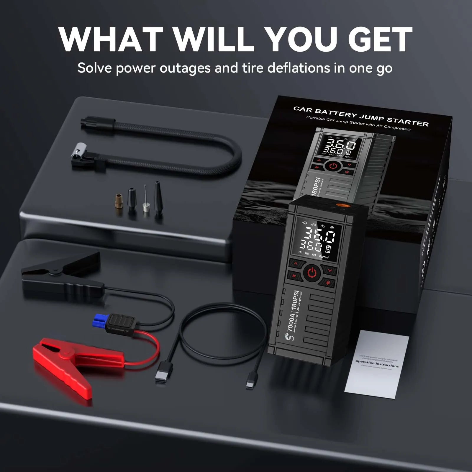 Jump Starter with Air Compressor, 7000A 180PSI Car Battery Jump Starter Jump Box (All Gas/12.0L Diesel), Battery Charger, LED