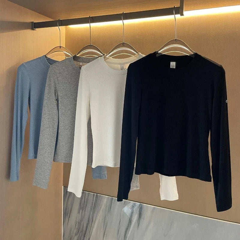 Solid Color Thread Soft Comfortable Slim Tees Elasticity Yoga Pilates Sweatshirt Summer Cotton Long Sleeved T-shirt for Women