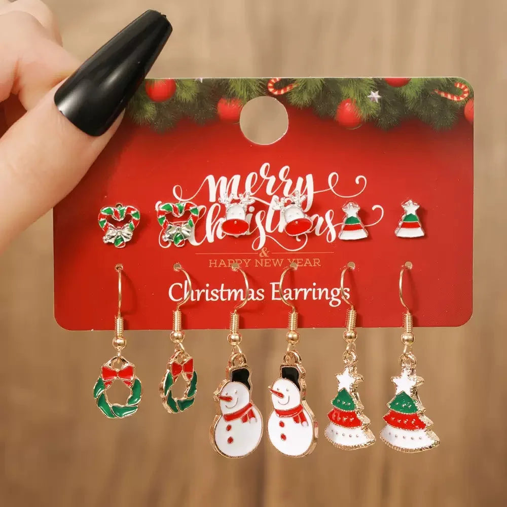 Fashion 6 Pairs/Pack Pendant Earrings Women Bells Milu Deer Snowflake Santa Claus Ear Trinket Festival Gift Atmosphere Joias