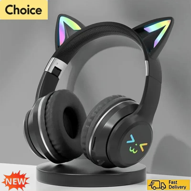 Pink Cat Ears TWS Earphone RGB Smile Face Gradient Headset Cute Gift For Little Girls Compatible With Any Smartphone