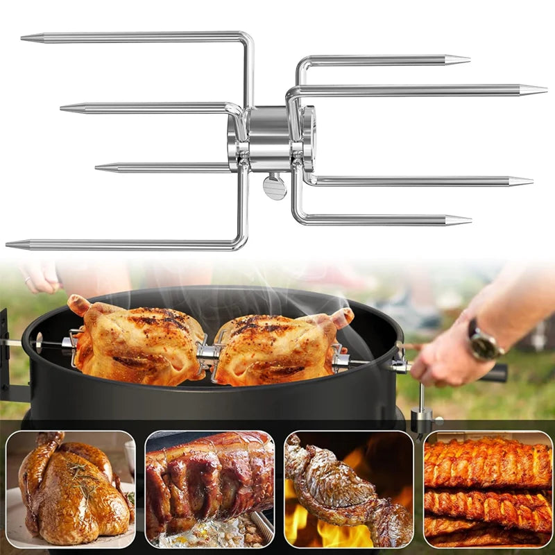 Double Sided Rotisserie Fork 304 Stainless Steel 4 Prong BBQ Grill Skewer 5/16 Spit Rod Outdoor Roasting Camping Meat Tool