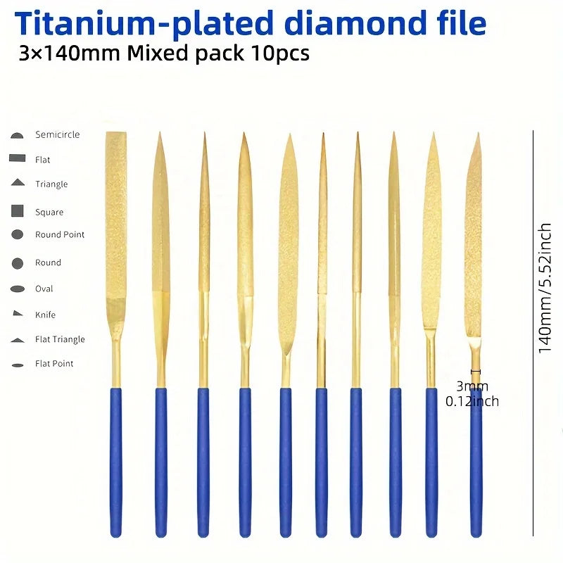 10pcs Diamond Needle Files, Mini Assorted Files Polishing Tools, Mini Files, Alloy Plated Titanium Files Set
