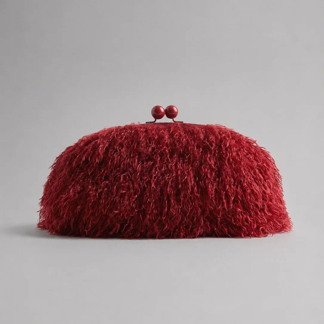 Women kisslock Faux Fur furry Clutch bag winter warm pouch frame clasp bag with chain crossbody dark grey red yellow