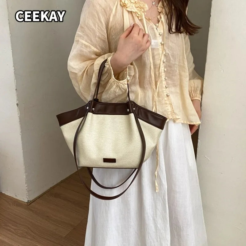 CEEKAY Minimal Linen PU Spliced Large Tote Bag Leather Long Handle Blank Front Tag Two Ways Carry Light Portable Shoulder Purse