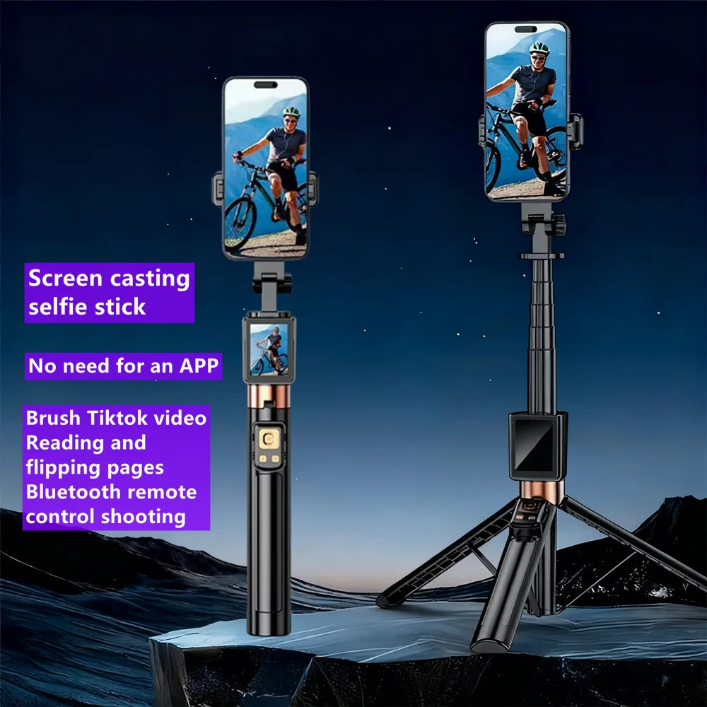 1.7m New 5 in 1 Projection Rear Camera Selfie Stick with Selfie Monitor Screen Brush  Bluetooth Remote Control Scrolling
