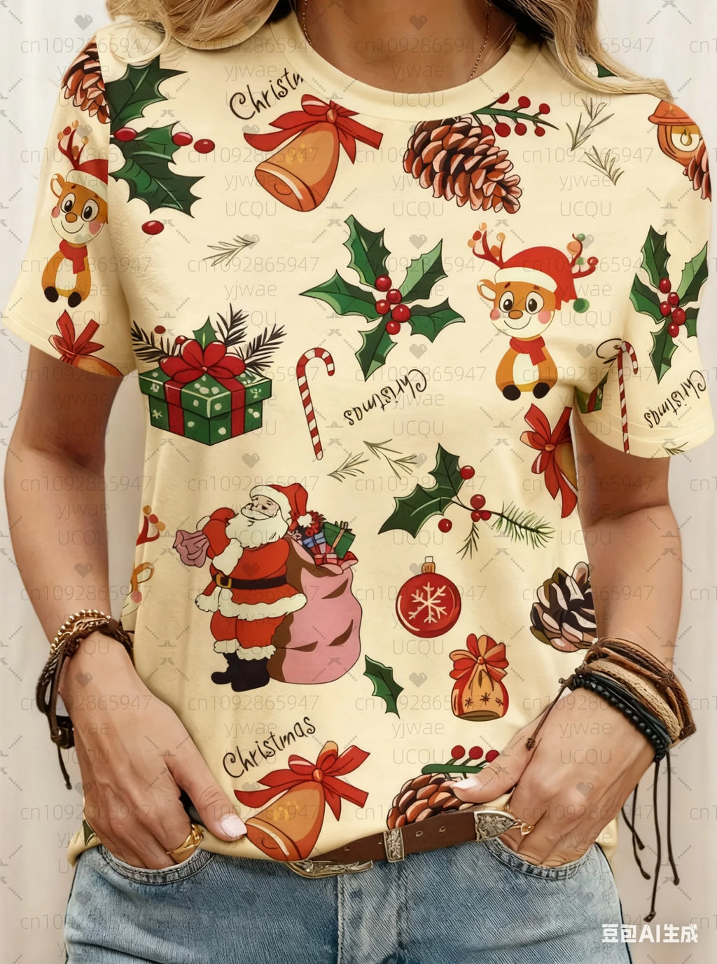 plus size Tee Casual Lightweight Sport Daily Tee ﻿ Christmas Santa Claus reindeer print Women O-Neck Short Sleeve T-Shirt