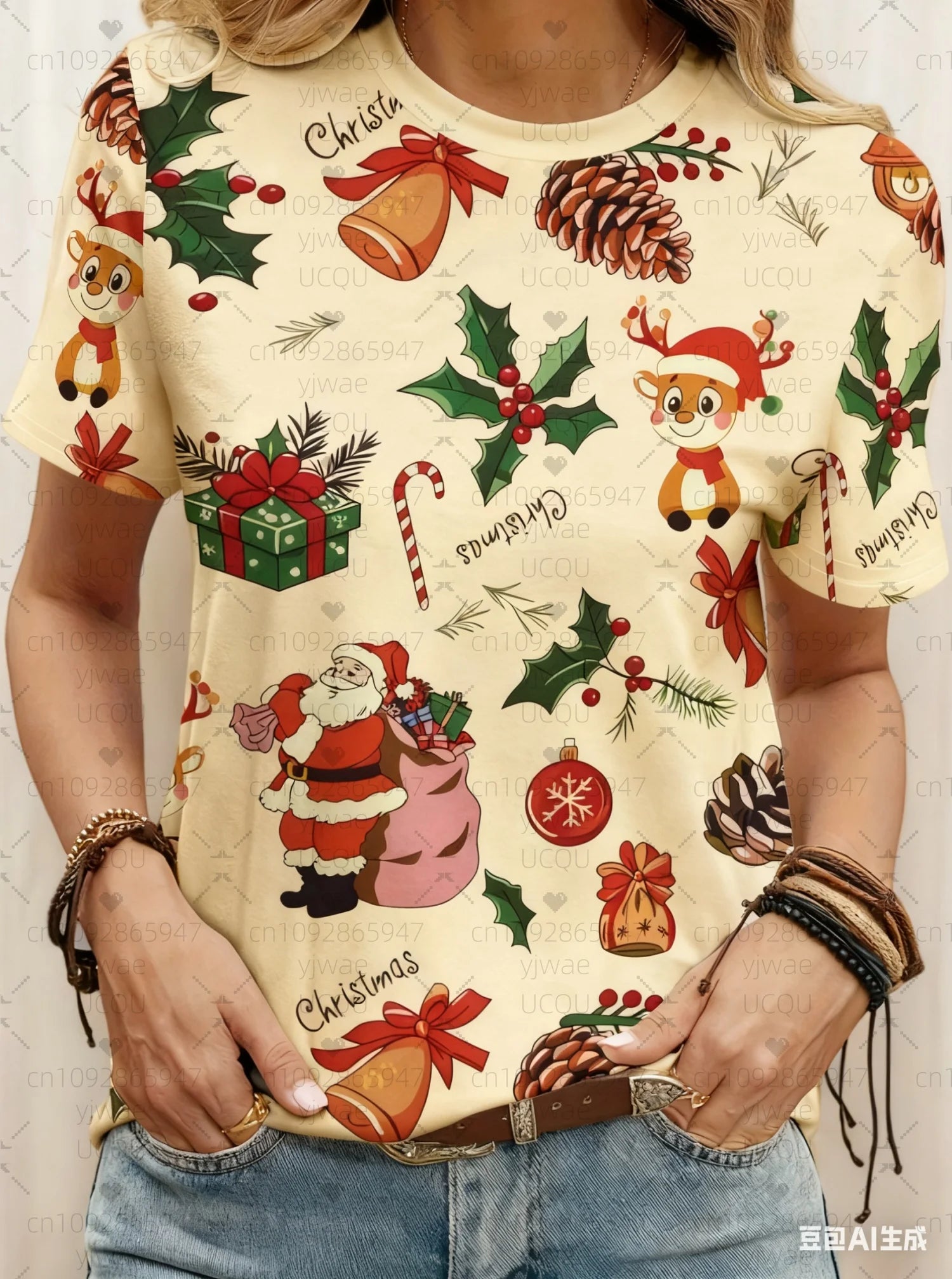 plus size Tee Casual Lightweight Sport Daily Tee ﻿ Christmas Santa Claus reindeer print Women O-Neck Short Sleeve T-Shirt