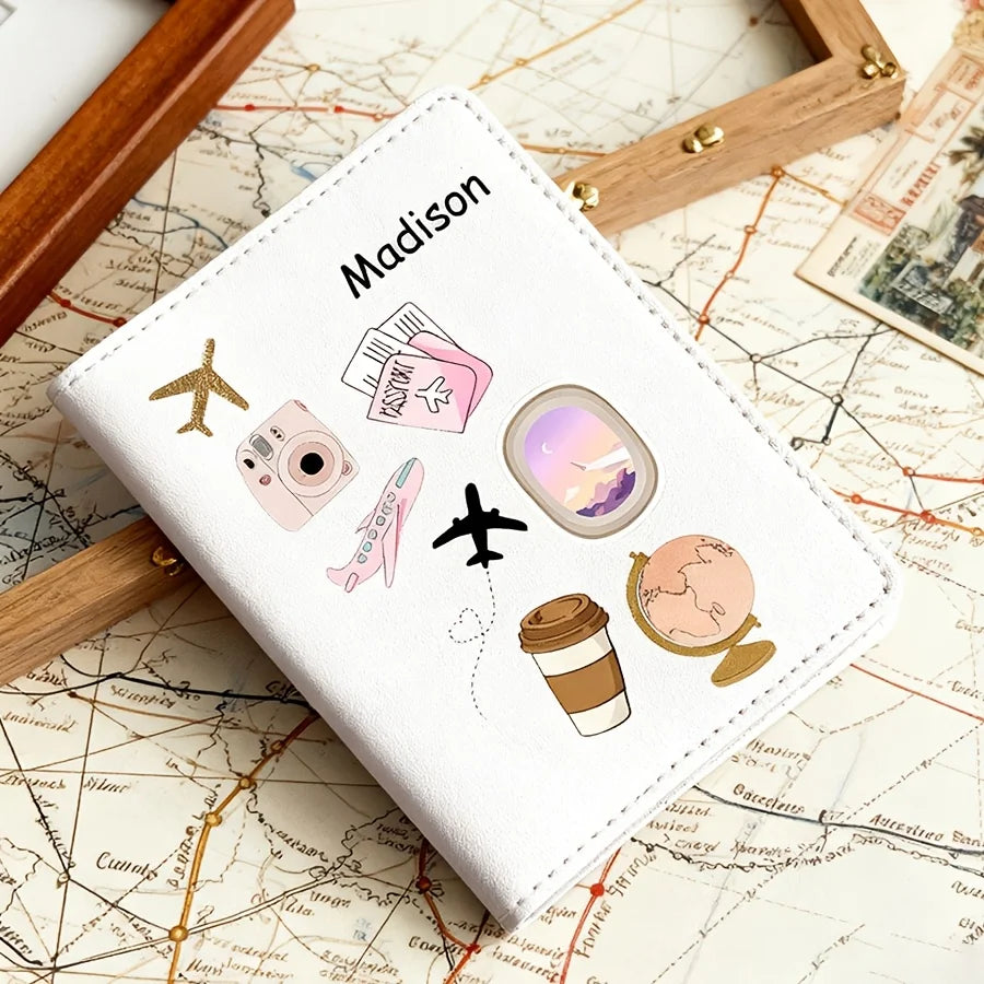 Personalized Name Text Custom PU Passport Holder, Cartoon Pattern Designed Passport Case, Faux Leather Scratch-Resistant