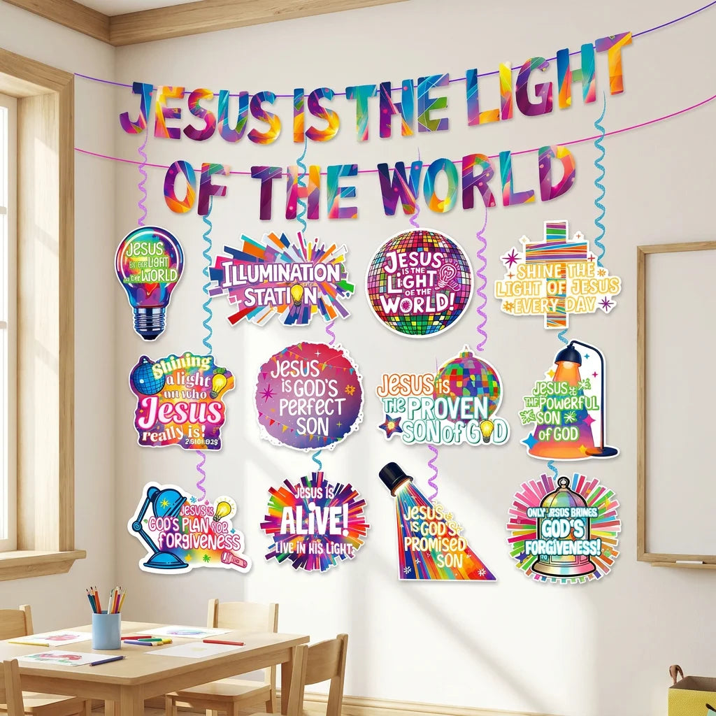 VBS 2026 Decorations Banner The Light of The World Christian Hanging Swirls Religious Sunday Vacation Bible School Church Party