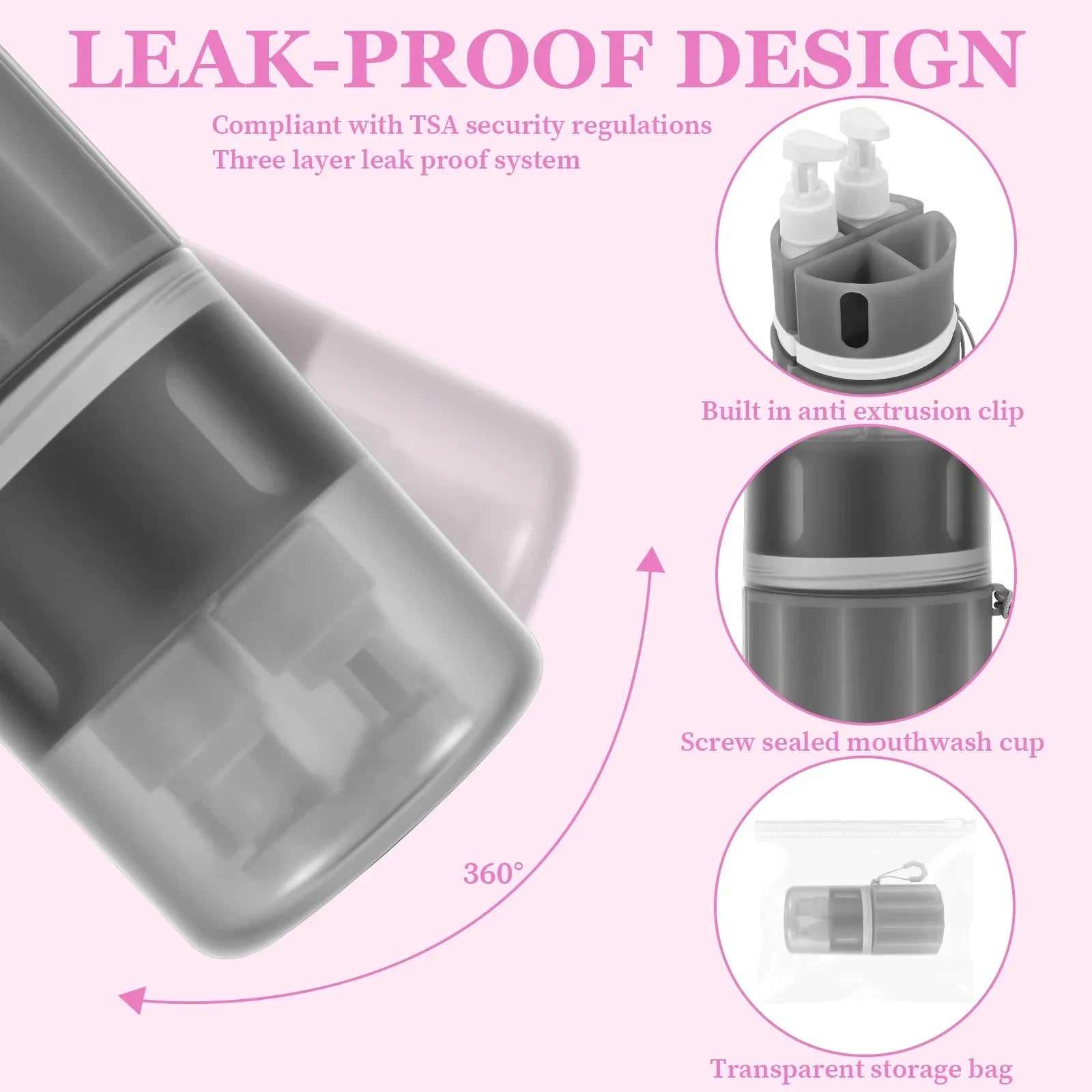 4 in 1 Travel Toiletry Container Portable Leak Proof Dispenser Bottle with Suction Cup for Shampoo Conditioner Body Wash Lotion