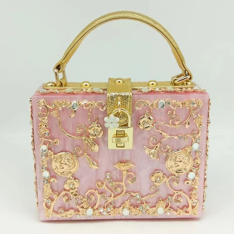 Luxury Designer Shimmer Acrylic Box Glitter Rhinestones Diamond Evening Bag Wedding Party Clutch Purse Shoulder Messenger Bag