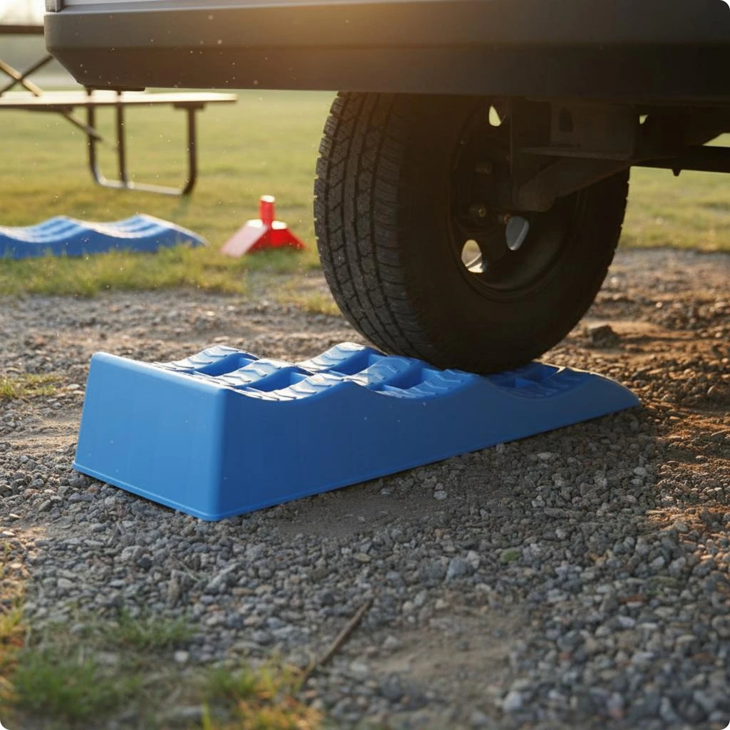 2 Pieces RV Wheel Chock Ramp High Strength PP Recreational Vehicle Tire Leveling Ramp RV Leveling Block Stable Parking Vehicle