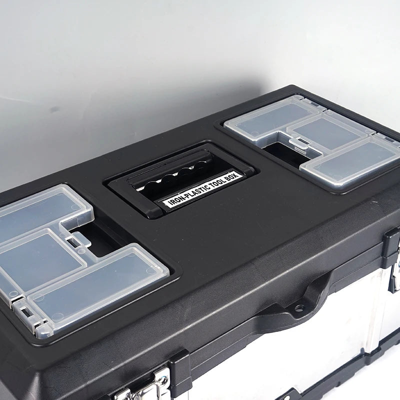 19 Inch Stainless Iron-Plastic Tool Box with Handle, Multi-functional with Compartments Toolbox, Storage Box