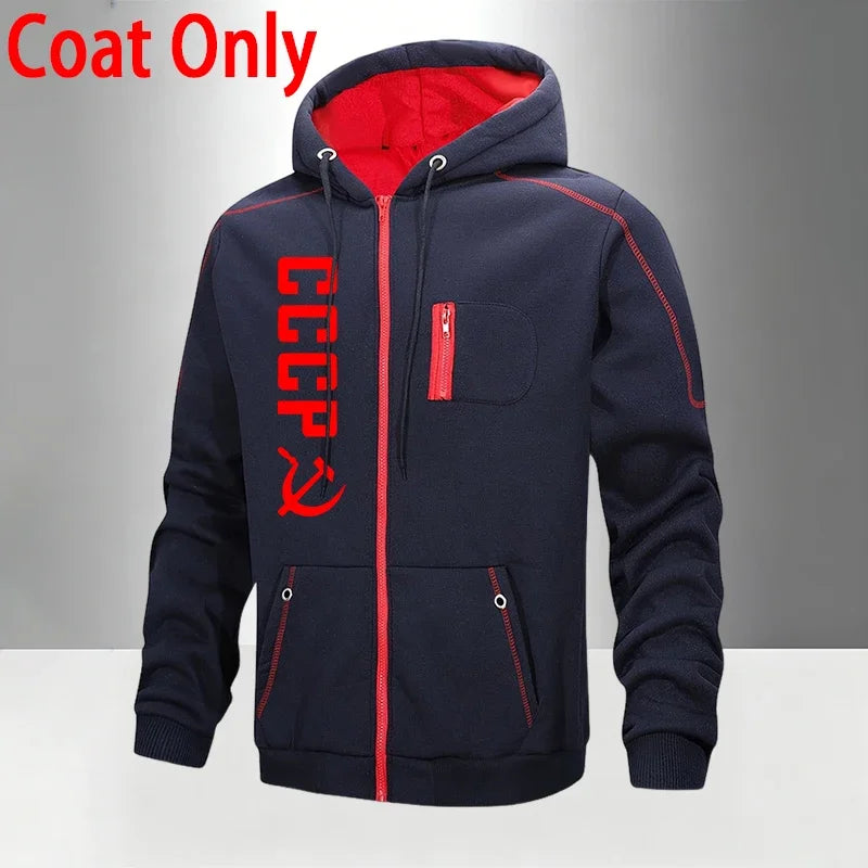 Men's Set/Coat/Pants CCCP Fashion Tracksuit Zipper Hooded Coat & Sweatpants Fall Winter Daily Casual Sports Jogger Sportswear