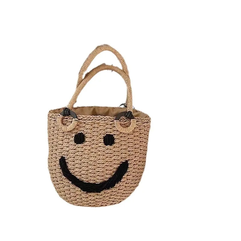 2025 Summer New Smile Face Bucket Straw Woven Handbag Kawaii Small Beach Bag City Simple Style Double Strap Drawstring Closure