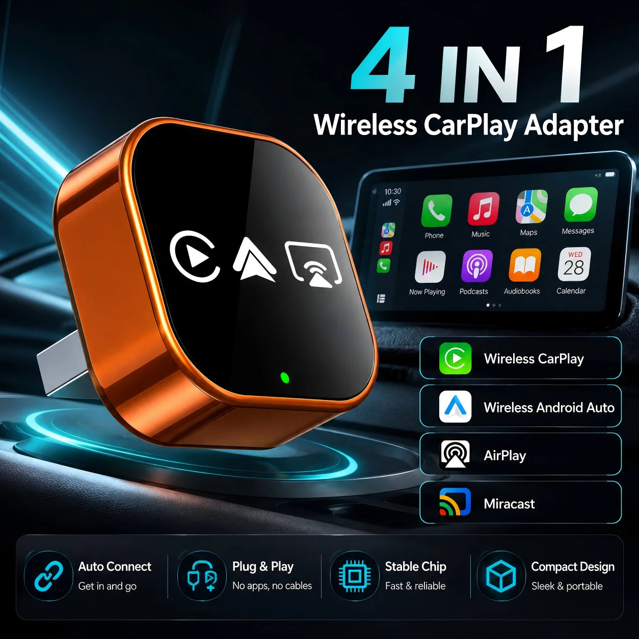 4-in-1 Wireless CarPlay Adapter For iPhone & Android Plug and Play Wired To Wireless Converte For Factory Wired CarPlay Vehicles