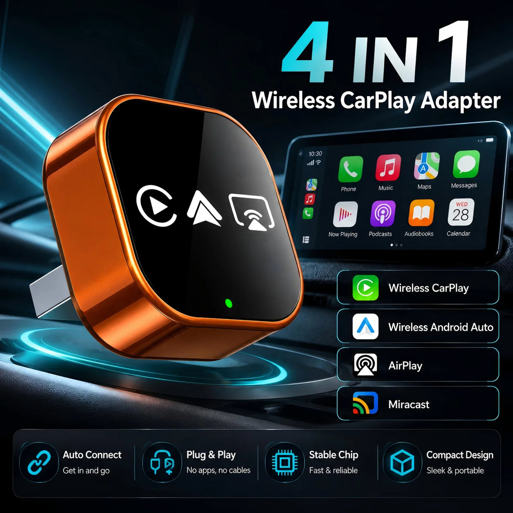 4-in-1 Wireless CarPlay Adapter For iPhone & Android Plug and Play Wired To Wireless Converte For Factory Wired CarPlay Vehicles