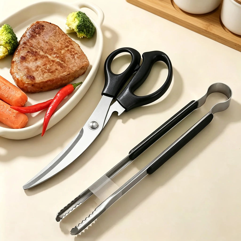 2PCS Stainless Steel BBQ Scissors Tongs Set Heavy Duty Food Grade Grill Tools For Camping Barbecue Kitchen Meat Cutting