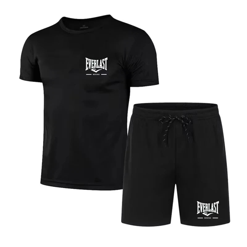 2026 New Everlast Boxing Men's 2-Piece Tracksuit, Summer Black Short Sleeve T-Shirt and Shorts Casual Sports Outfit