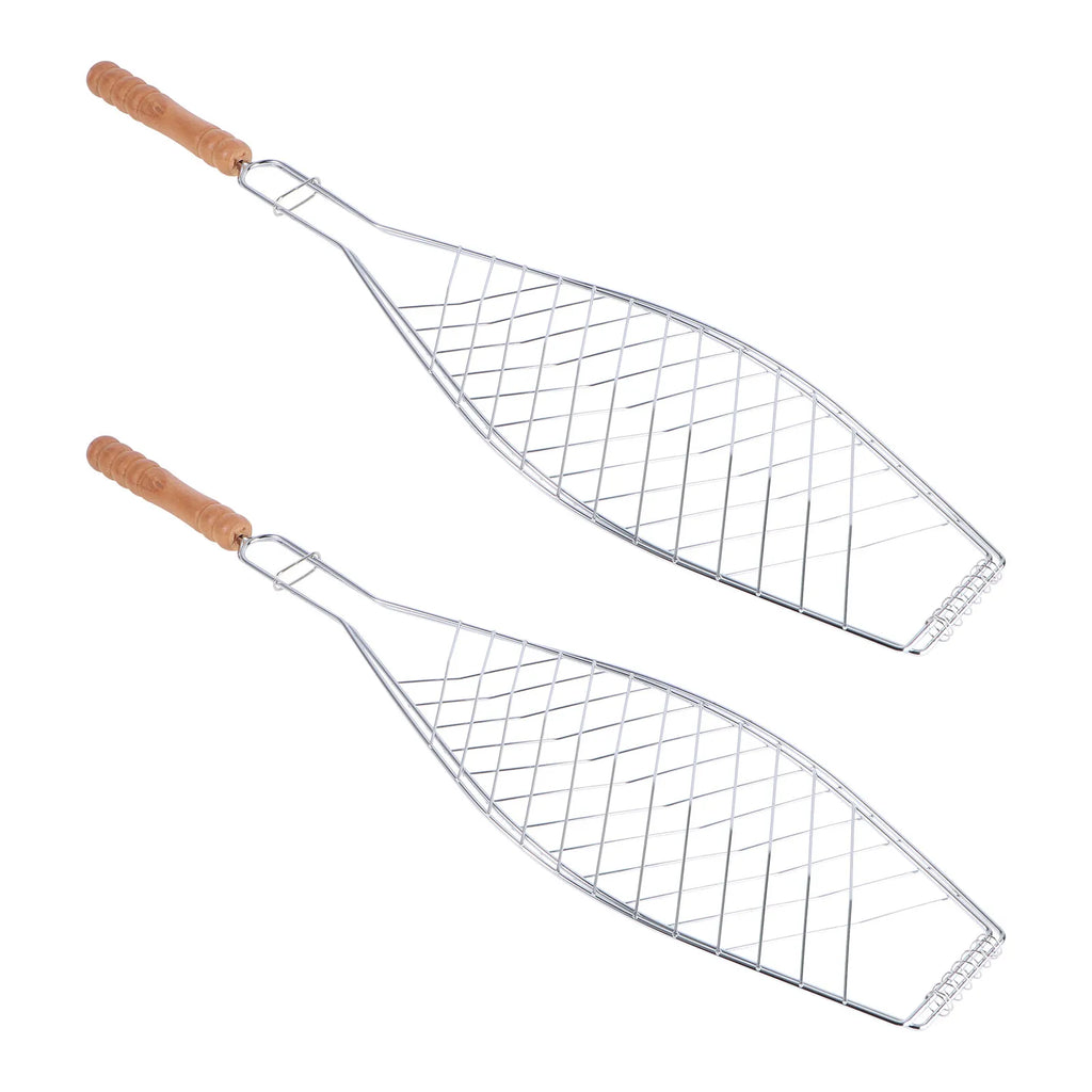 2Pcs Barbecue Grill Net Clip Iron Mesh Nonstick Wooden Handle Outdoor Bbq Tool Fish Grill Basket for Camping Picnic
