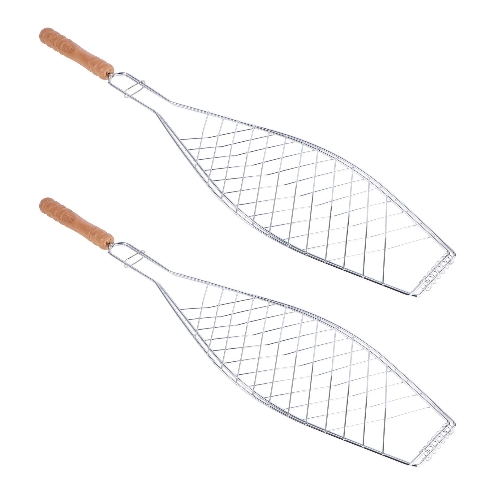 2Pcs Barbecue Grill Net Clip Iron Mesh Nonstick Wooden Handle Outdoor Bbq Tool Fish Grill Basket for Camping Picnic