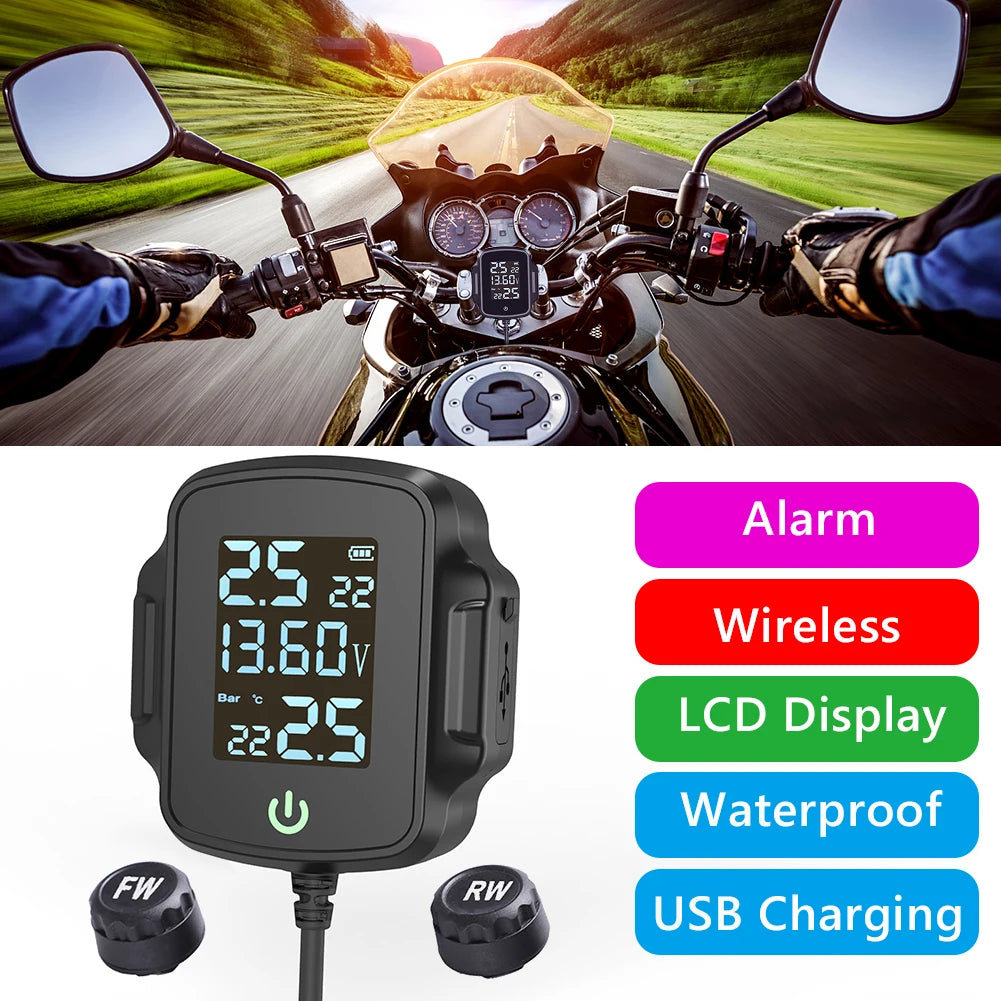 Motorbike Tire Pressure Monitoring System with QC 3.0 Fast Charging Temperature Monitoring Alarm System LCD Display Digital