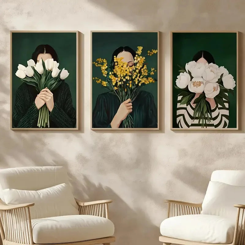 Green Abstract Figures Canvas Print with Flower Woman Minimalist Japandi Female Portrait Art Poster for Modern Living Room Decor