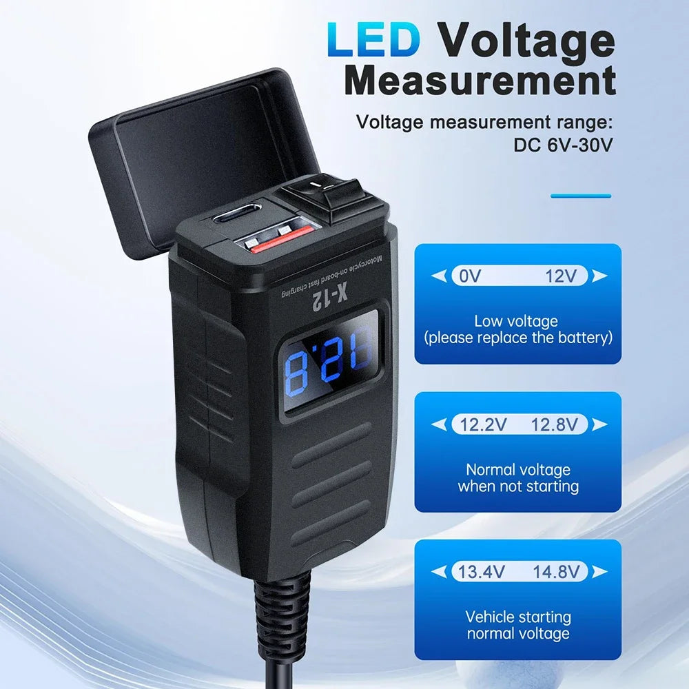 Motorcycle Vehicle-Mounted Charger Waterproof Adapter 12V-24V Phone USB PD Ports Quick Charge 3.0 With Switch Digital Voltmeter