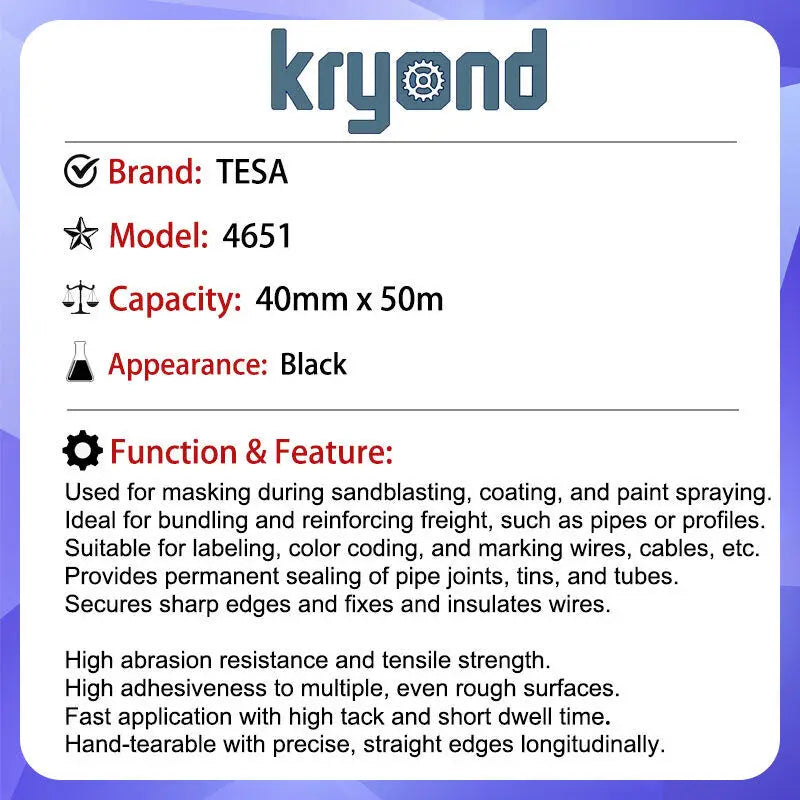 TESA 4651 40mm x 50m (Black) Robust Tape with Excellent Abrasion Resistance