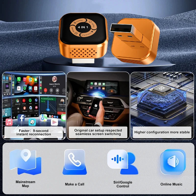 2026 Mini 4 in1 Wired to Wireless CarPlay Dongle Android Auto Airplay Wireless Adapter WiFi Dongle USB Plug and Play Mirror link