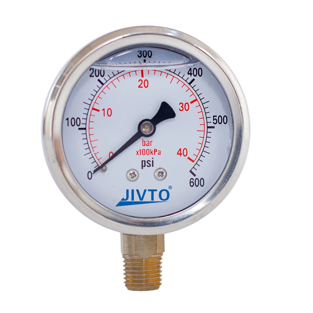 JIVTO Glycerine Filled Pressure Gauge 2.5 Inch 1/4 BSP Lower Mount 15,30,60, 100,160,200,300,400,600,3000 Psi & Bar, Shockproof