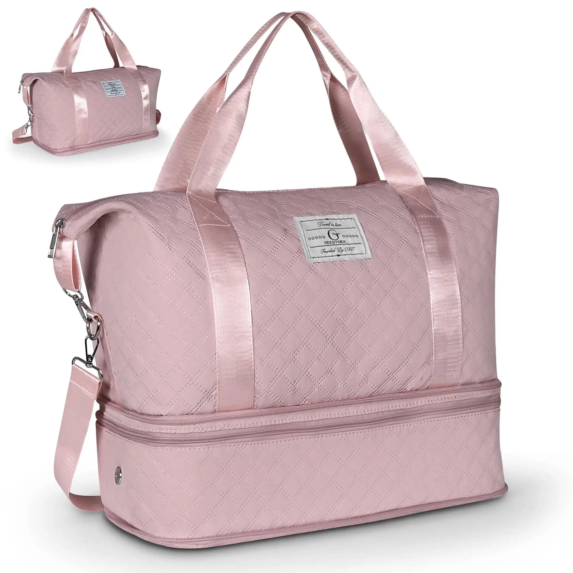 Large Quilted Travel Duffle Bag with Separate Bottom Compartment and Adjustable Shoulder Strap for Weekend and Gym