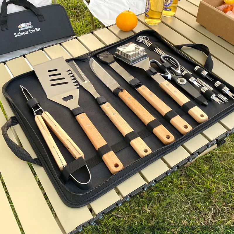 Outdoor Camping Barbecue Tool Combination Wooden Handle Fork Shovel Clip BBQ Accessories Cloth Bag Stainless Steel Grill Set