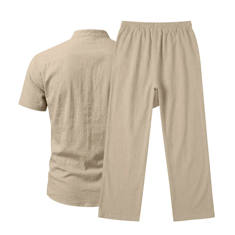 Men's Linen Popular Breathable Simple Two-Piece Set, Stand Collar Short-Sleeve Shirt with Straight-Leg Casual Pants