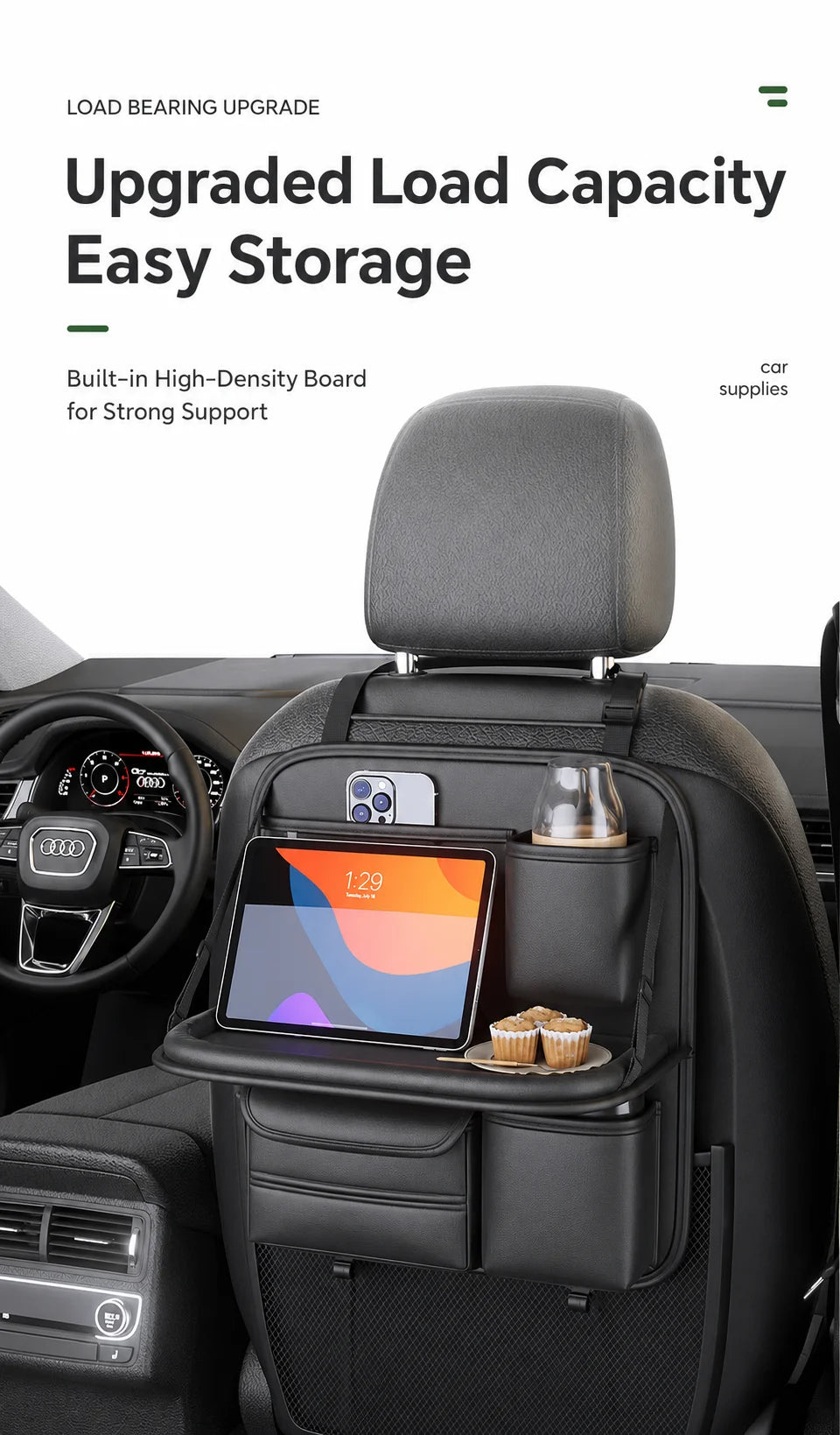 Car Seat Back Organizer with Kids Folding Tray Table, Hanging Storage Bag for Back Seat Travel Dining Desk