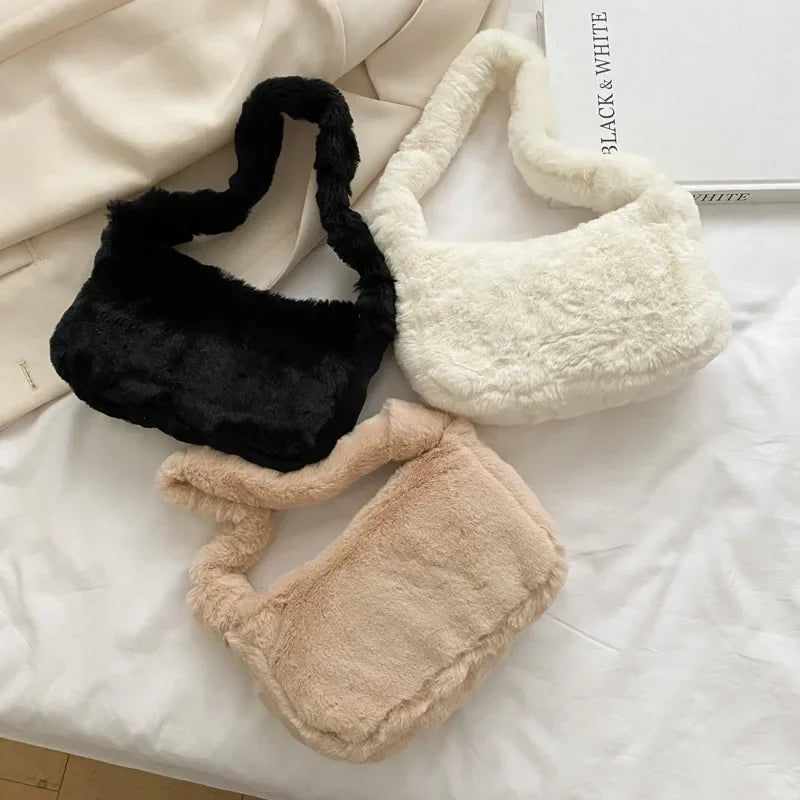 New Fluffy Totes Soft Plush Shoulder Underarm Bag Solid Color Purse Autumn Winter Handbag Women Lady Fashion Storage Pouch