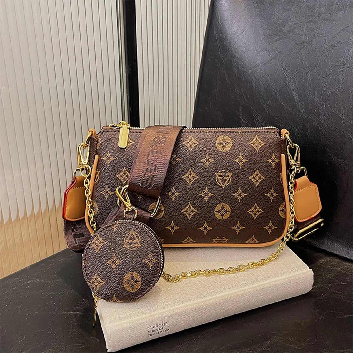 Women Fashion Floral Letter Print Shoulder Bag Chain Large Capacity Zipper Adjustable Strap Mini Pouch Attachment Daily Commute