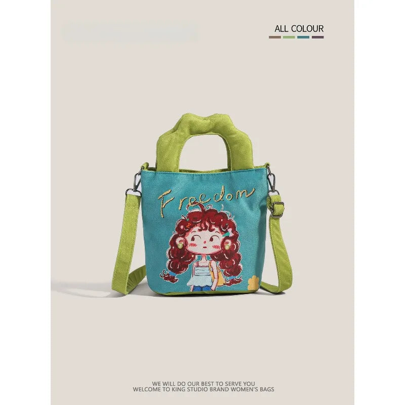 2026 New Trendy Illustration Design Canvas Bucket Bag for Women Cute Funny Ugly Cute Shoulder Crossbody Handbag